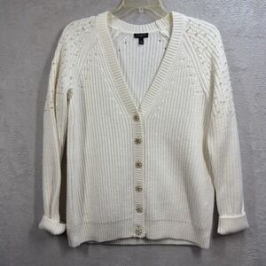 Talbots Cardigan Sweater Pearl Embellished Chunky Knit Rhinestone Buttons Sz SP‎